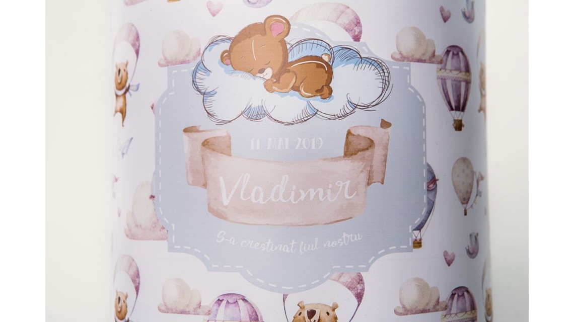 Trusou de botez pentru baieti cu ursuleti si baloane de aer cald, Puf Teddy Bear 14